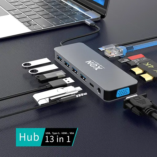USB-хаб XON SmartHub 13 в 1 (Ethernet, VGA, 2xHDMI, 3.5 Audio, SD/TF, 2xType-C, 2xUSB3.0, 2xUSB2.0) Серый (XUCHP134322G 5290) - фото 4