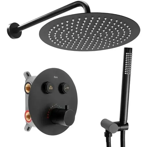Душова система Rea Lungo black з термостатом + BOX прихованого монтажу REA-P8549, Чорний матовий - фото 1