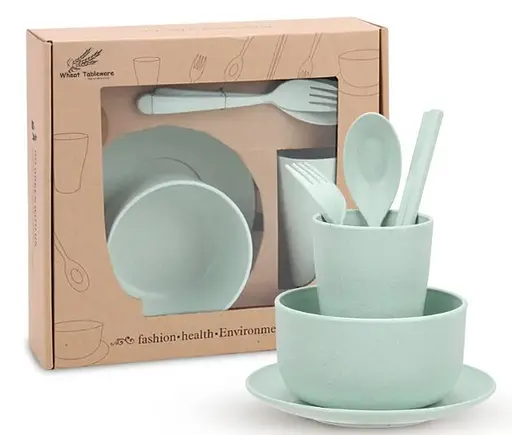 Набор детской посуды 6 посуд из биоразлагаемой пшеничной соломы, зеленый - фото 1