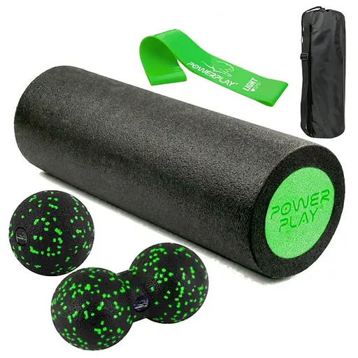 Набір для масажу та йоги PowerPlay PP_4094 EPP (Ролик 30*15 + 2-ва мячі) Green + гумка 5.5 кг (PP_4094_Green) - фото 1