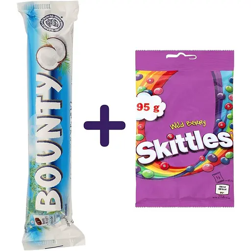 Набор: Батончик Bounty в молочном шоколаде 57 г (597388) + драже Skittles Bag Дикие ягоды 95 г (837370)