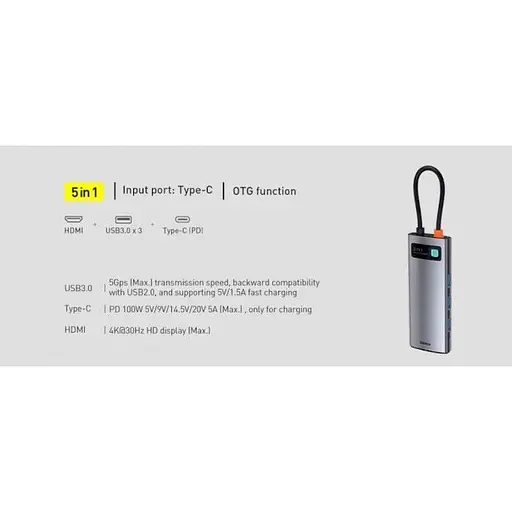 USB-хаб Baseus Metal Gleam Series 5-in-1 Multifunctional Type-C Hub Space Gray (CAHUB-CX0G) [72630] - фото 6