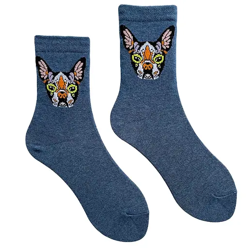 Носки женские "Французский Бульдог" из индийского хлопка синий джинс 213050 - фото 1