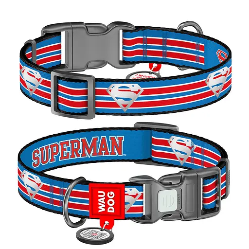 Нашийник для собак нейлоновий Waudog Nylon з QR-паспортом світловідбивний "Супермен Ретро" пластиковий фастекс L Ш 25