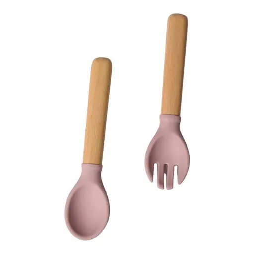 Прилади силіконові дитячі OldBro ложка та вилка з дерев'яною ручкою, pinkgrey - фото 1