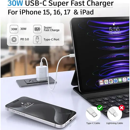 Блок живлення USB C для надшвидкого заряджання 30 Вт PD для iPhone 17/17 A - фото 4