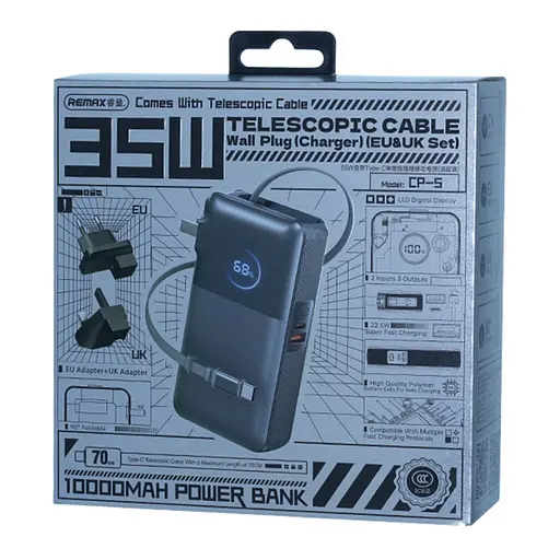 Павербанк-адаптер Remax CP-5 з вилками EU/UK та кабелем / 10000 мАг / 35 Вт / USB-C + USB-A / PD+QC / Чорний - фото 3