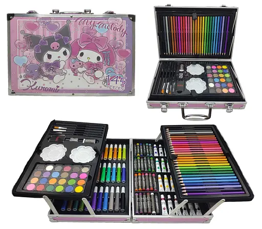 Набор для рисования 145 предметов Зайчик Kuromi и Melody в алюминиевом чемодане, 34.5x23x9 см, 145-A