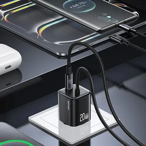 МЗП Usams US-CC261 GaN JC Ser. 20W (2USB-C) + кабель Type-C to Type-C Black - фото 5