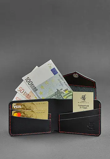 Кожаное портмоне 4.2 на черной кнопке с красной нитью - фото 3