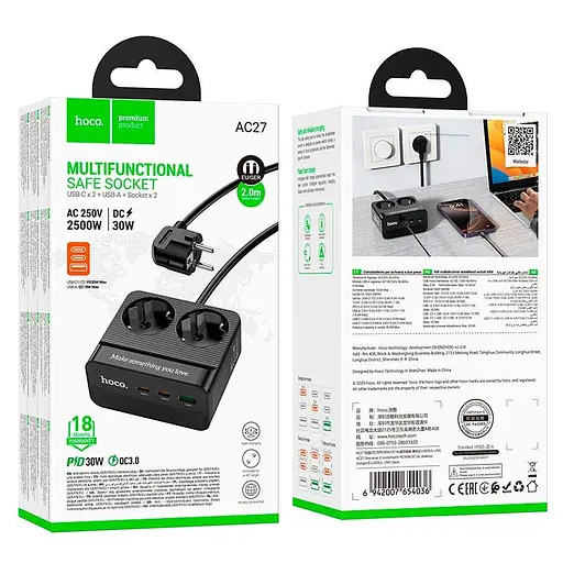 Удлинитель сетевой Hoco Descanso 2-socket PD desktop charger AC27 (L=2M) 1USB/2Type-C, 30W/3A - фото 2