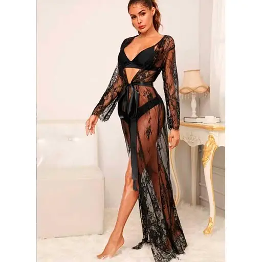 Комплект з халатом в підлогу та трусиками прозорий S/M чорний - фото 2