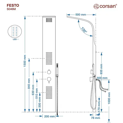 Душова панель Corsan Festo black LED S046MBLLED, Чорний матовий - фото 3
