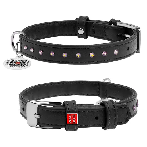 Ошейник для собак кожаный Waudog Glamour с QR-паспортом с клеевыми стразами Ш 12 мм Д 21-29 см черный