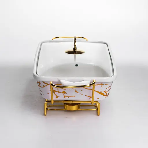 Мармітниця порцелянова Yiwu прямокутна на металевій підставці 35.5х19х15.5 см марміт настільний для перших страв LT-3PCS-13 - фото 3