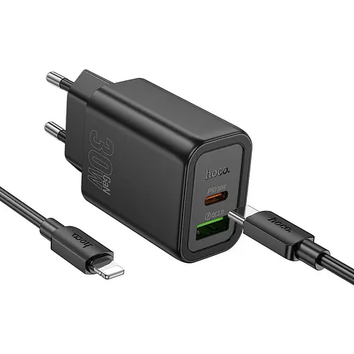 СЗУ Hoco N63 Gentle PD30W+QC3.0 (1USB-A/1C) + кабель Type-C to Lightning Black - фото 3