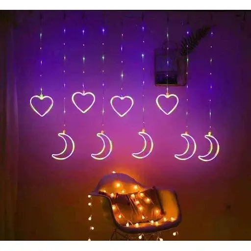 Гирлянда-штора медный провод сердца и луны 3м на 1м RGB сеть 220В Разноцветная - фото 1