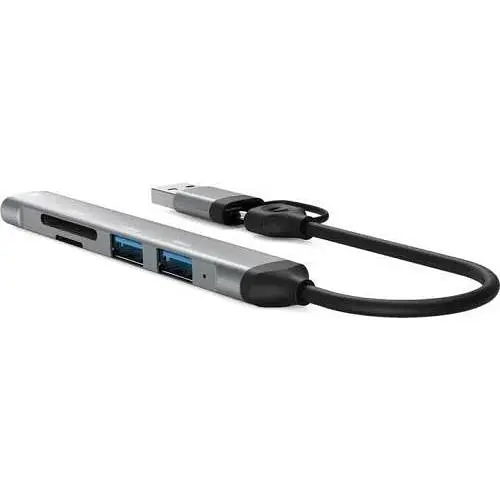 Хаб Usb Dynamode DM-UH-514, Grey, Type-C / Usb 3.0 - 1xUsb 3.0 / 2xUsb 2.0 / microSD / SD, кабель 12 см, алюминиевый корпус - фото 1