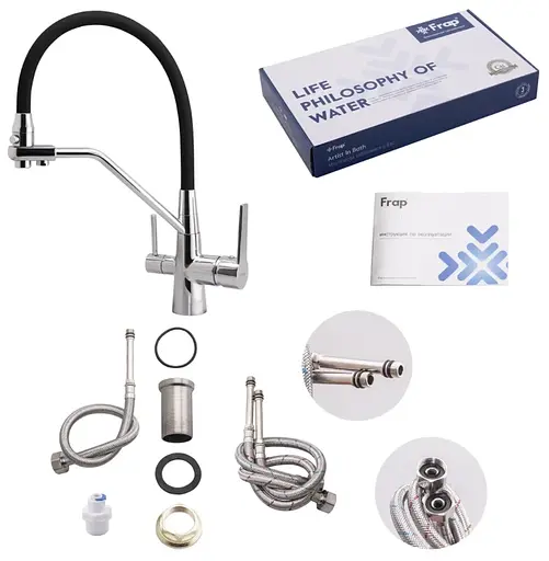 Смеситель для кухни однорычажный гибкий гусак под фильтр латунь гайка Ø35 хром/черный Frap 1/10 F4374-1 Черный матовый - фото 4