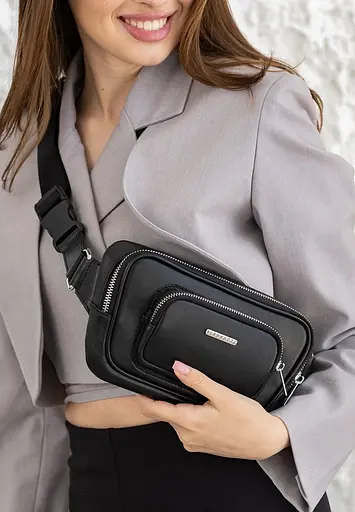 Шкіряна поясна сумка-бананка Трапеція чорна - фото 9