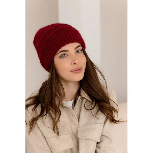 Женская зимняя шапка Венеция из ангоры 80% с двойной вязкой Бордово коричневый - фото 1