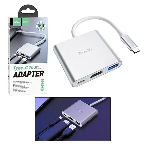 Адаптер Hoco HB14 Type-C-to-USB3.0 + HDMI + Type-C PD 2.0 стальной - фото 2
