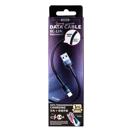 Дата кабель для зарядки айфонов REMAX USB - Lightning 8-pin Jany RC-124i Черный (1м) - фото 3
