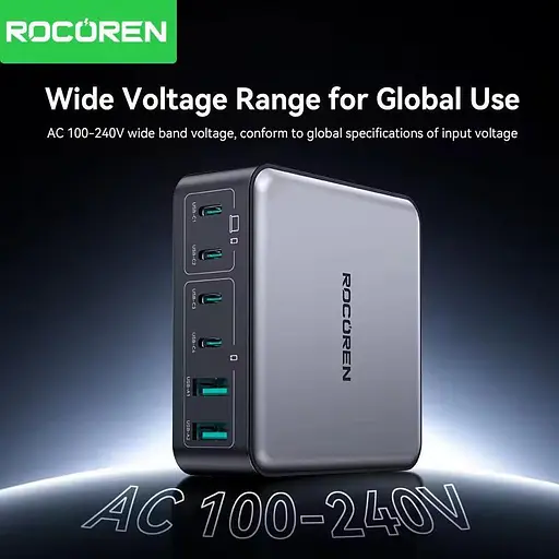 Зарядний пристрій адаптер живлення Rocoren 200 W GaN 0242 2U+4C чорна вилка США (US plug) - фото 4