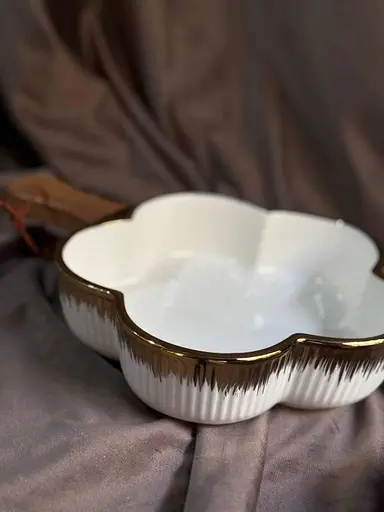 Керамическая тарелка с ручкой в форме листа для десертов фруктов Белый с золотым - фото 4