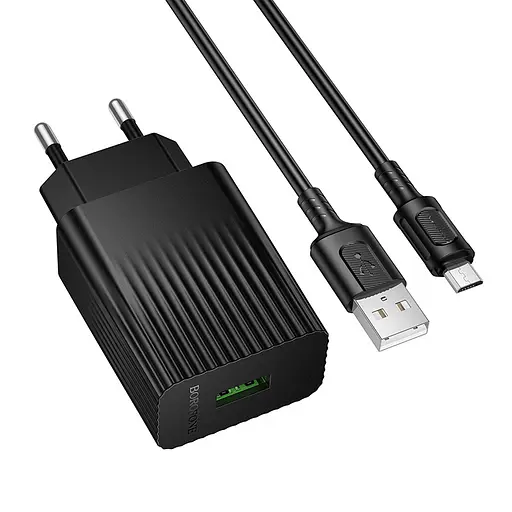Мережевий зарядний пристрій з кабелем Borofone BAS72A Source single port QC3. 0 charger set(Micro) чорний - фото 1