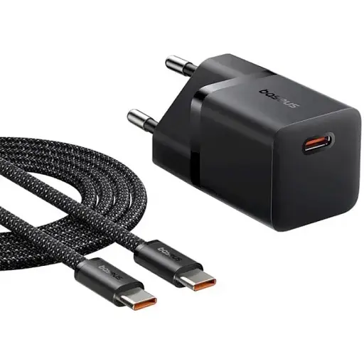 Мережевий зарядний пристрій з кабелем Baseus GaN5 Fast Charger (mini) 1C 25W EU Cluster чорний (with: Fast Charging Data Cable - фото 1