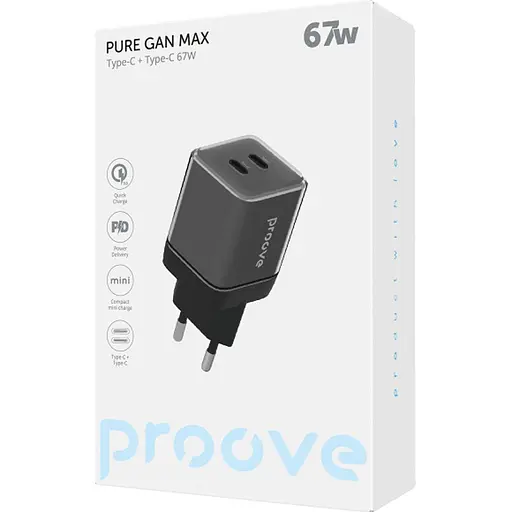 Мережевий зарядний пристрій Proove Pure GaN Max 67W Type-C + Type-C Black (WCPU67022201) [130274] - фото 2