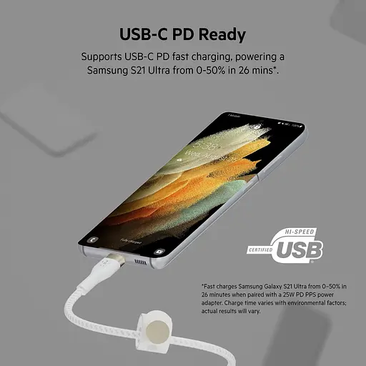 Belkin Кабель USB-С - USB-C плетеный, силиконовый, с ремешком на магните, 1м, белый - фото 9