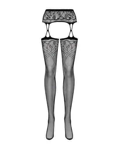 Чулки-стокинги с растительным рисунком Obsessive Garter stockings S206 black черные имитация S/M/L - фото 5
