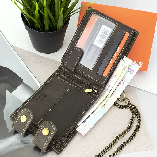 Мужское кожаное портмоне Always Wild 2900-BIC коричневое на кнопках с цепочкой - фото 4