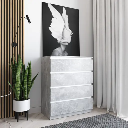 Комод Vays R-4 Бетон-Белые планки, на 4 ящика без ручек, ЛДСП 80×40×98 см - для дома, офиса, гостиной, спальни