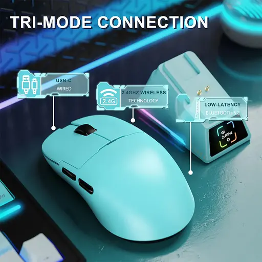 Ігрова бездротова мишка AJAZZ AJ159 Apex /Три режими підключення / 42000 DPI / сенсор PAW3950 / Док-станція з LED-дисплеєм / Blue - фото 2