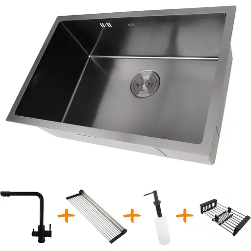 Комплект чорної кухонної мийки та змішувача Nett з нержавіючої сталі NB-6845 - фото 2