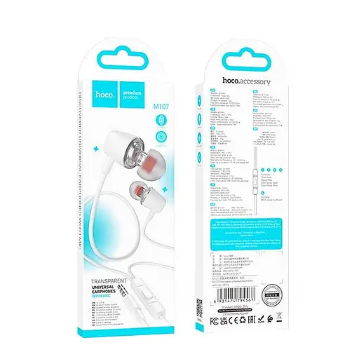 Дротові навушники Hoco M107 Discoverer універсальні earphones with mic, 3.5mm, 1.2m, white - фото 3