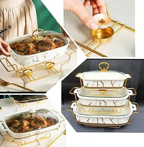 Набор из 3-х мармитов керамических прямоугольных Kitchen с крышками из стекла Бело Золотой - фото 9