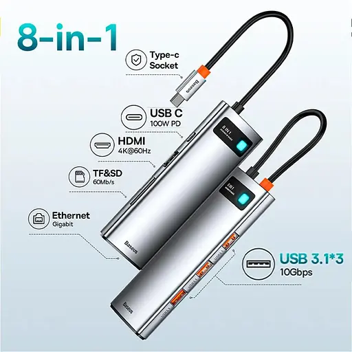 USB type C HUB Baseus 8 in 1 PD100W 4K 60 Гц USB 3.0 10 Гб/с - фото 3
