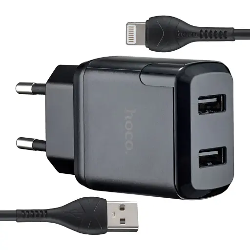 Мережевий зарядний пристрій Hoco N7 Speedy dual port charger set Micro ( EU ) Чорний - фото 1