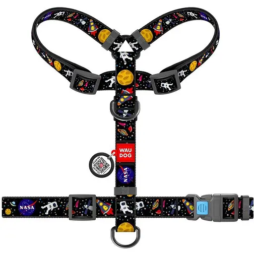 Шлея для собак Waudog Nylon анатомічна H-подібна з QR-паспортом, малюнок "NASA", пластиковий фастекс, S - фото 2