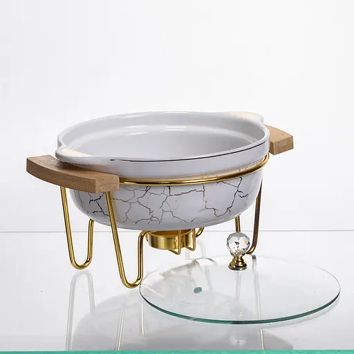 Мармит фарфоровый настольный круглый 800 (мл) мармитница с подогревом Белый мрамор Yiwu LC-710 - фото 5