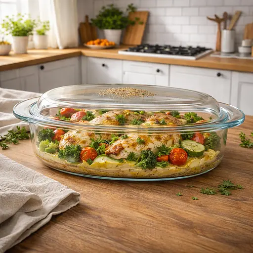 Противень овальный форма из жаропрочного стекла для запекания с крышкой и ручками 32×23 см 3.5 л S&T Прозрачный 88261 - фото 1