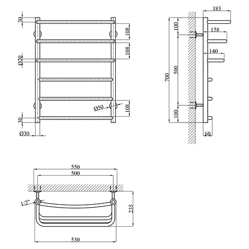 Полотенцесушитель водяной Kroner KRP Prima WT700x500-6 (CV036310) - фото 5