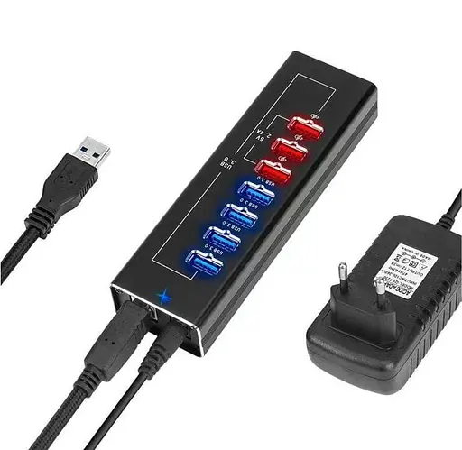 USB-хаб STLab USB Dynamode 7 портов USB 3.0 - 4*USB3.0 передача данных +3*2,4А зарядка, с БП 3А/12В, металл черный (DM-UH-P407) - фото 1