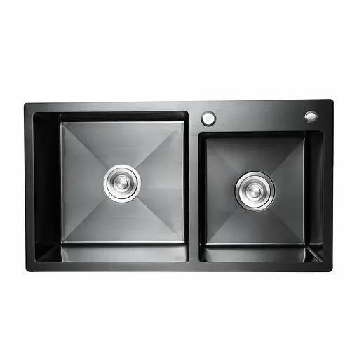 Кухонна мийка 78x43 PVD чорна на дві чаші Platinum Handmade HDB (круглий сифон, 3.0/0.8), Чорний - фото 1