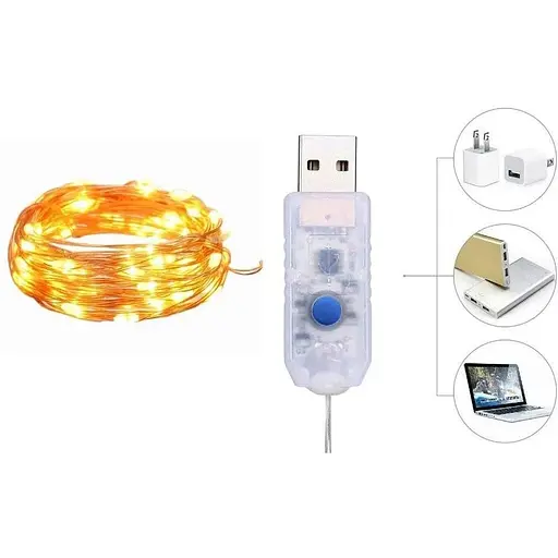Светодиодные гирлянды-огоньки с серебряной проволокой, 10 м, 100 LED, USB, теплый белый свет