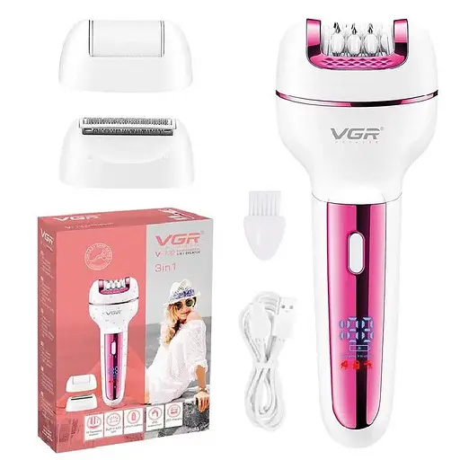 Женский эпилятор VGR V-732 3в1 с насадками (эпиляция, бритва, пемза) Розовый - фото 4
